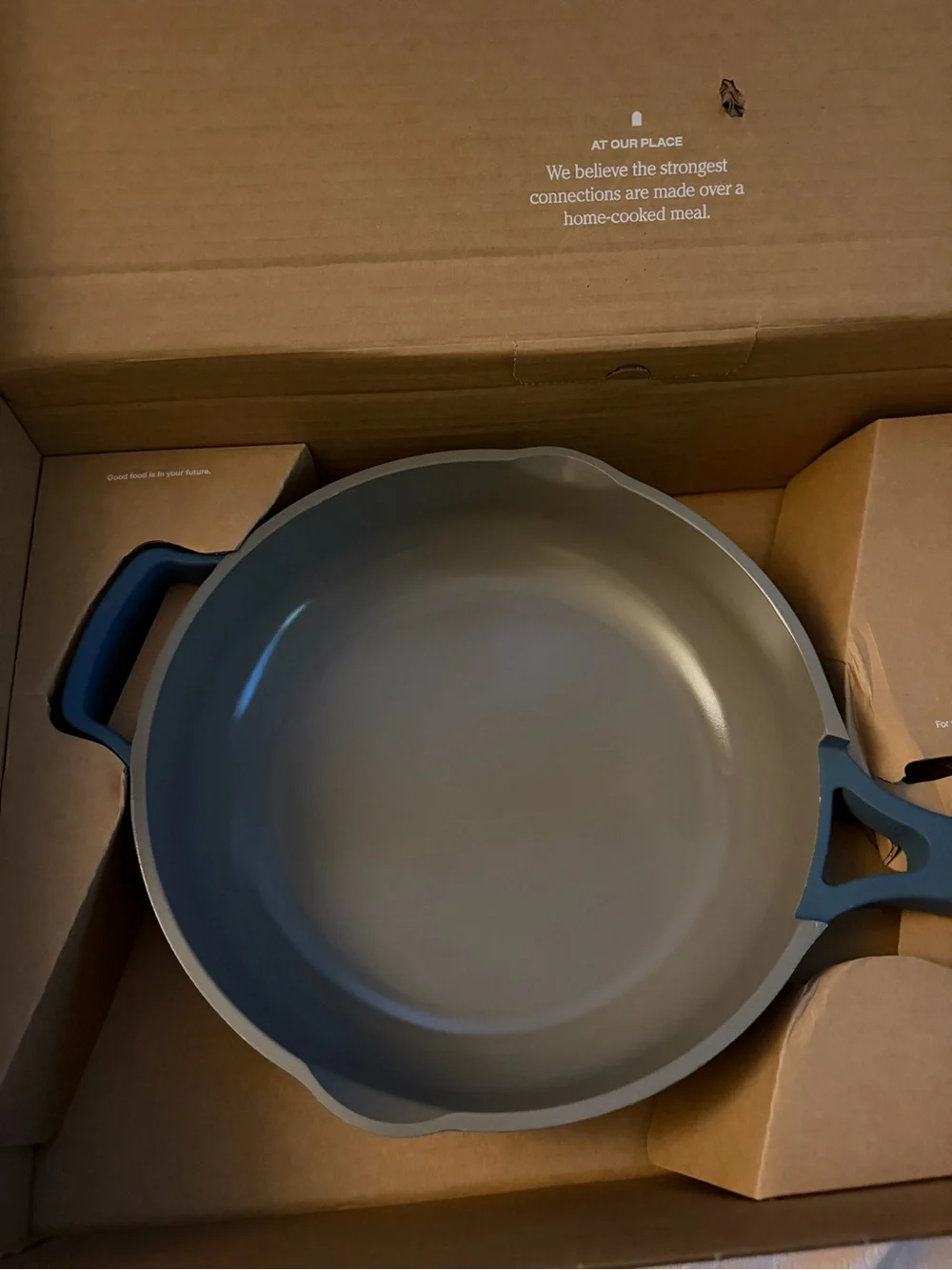 Our Place Always Pan® 2.0 in Salt Blue with lid, spatula, & steamer basket